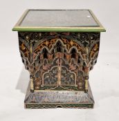 Moroccan 20th century square lamp table or stand, stylised floral painted decoration on a black
