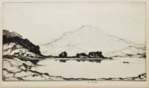 Kenneth Steel (British, 1906-1973) Drypoint etching Lake landscape with dwellings, mountain in