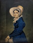 19th century English school Watercolour Three-quarter length portrait of a woman in blue dress and