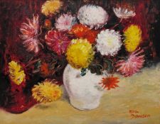 Alva Dawson (20th century) Oil on board Still life of chrysanthemums in vase, signed lower right,