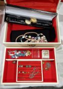 Jewellery box with a small amount of jewellery including gold and gold plated hoop earrings (