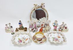 Meissen oval mirror frame surmounted with two rude putti within beaded and wreath borders, blue
