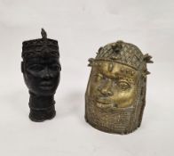Nigerian bronze Benin style bust with a hollow centre, 31cm high together with a brass Benin style