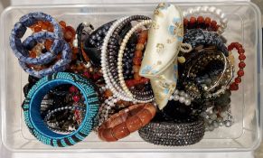 Collection of costume jewellery, including simulated, cultured pearl necklaces and bracelets, a