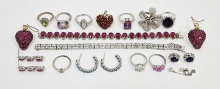 Collection of silver coloured stone mounted dress rings, stamped 925, assorted earrings; a pair of