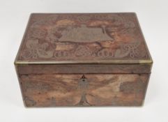 19th century French padouk and brass mounted box, the lid brass inlaid with a Persian man and