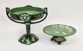 Eichwald majolica green-ground comport and a footed two-handled oval footed centrepiece in the