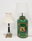 19th century green painted tole tea cannister converted to a table lamp, decorated with the