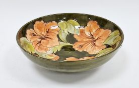 Moorcroft Hibuscus green ground bowl, impressed marks Moorcroft, Made in England, decorated with
