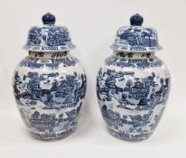 Pair of modern ironstone Chinese export-style blue and white hall vases and covers, printed