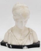 19th century alabaster bust of the Roman goddess Diana mounted on a marble base, 18cm high