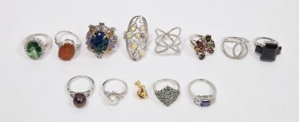 Twelve silver dress rings, variously mounted with coloured stones, including prasiolite, cultured