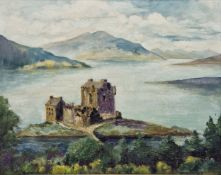 E. Baker (20th century) Oil on board 'Eilean Donan Castle', view of castle overlooking Loch Duich,