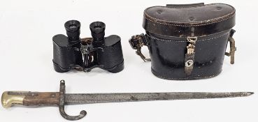 V French 1874 gras bayonet, the steel T form blade 39cm long together with a leather cased set of