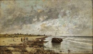 Karl Heffner (German, 1849-1925) Oil on board Coastal scene with figures and moored fishing boat,