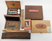 Mixed lot of collectable items, including wooden sliding pen boxes, tin and wooden cased artist's