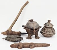Collection of ethnic items, including two terracotta cooking pots, one in the form of a bird, 21cm