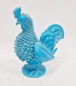Mid-20th century Italian majolica turquoise glazed model of a cockerel, painted black Ferb/rland/