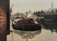 V Peter Short (20th century) Oil on board 'Sheffield Canal Basin', canal scene with moored barge,