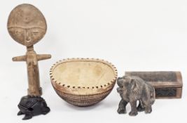 Collection of African carved wood collectables, including: a carved Calabash bowl, 22.5 cm diam.;