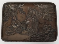 Japanese Meiji period bronze tray, rectangular, cast in relief with courtly figures before flowering