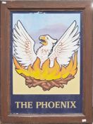 'The Phoenix' pub double-sided hanging sign, the metal centre painted with a phoenix rising from
