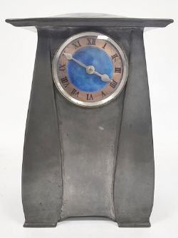 Archibald Knox for Liberty and Co Art Nouveau pewter, copper and enamel mantel clock, the case