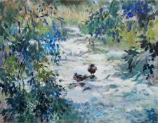 Osman P M Webb (British, 1913-2003) Oil on board 'Light and Water', river scene with two ducks,
