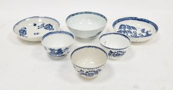 Group of Liverpool blue and white porcelain teawares and a Lowestoft teabowl, circa 1770-85,
