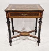 19th-century French amboyna work table, the ormolu-mounted hinged lid with musical trophy