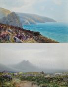 Herbert William Hicks (British, 1880-1944) Watercolour Coastal scene with view from top of cliffs,