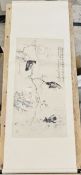 20th century Chinese scroll painting, watercolour and gouache, painted with birds perched on