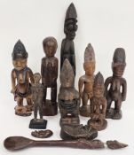 Group of carved African figures and other items, comprising: a hardwood figural spoon, possibly