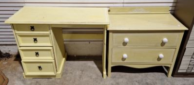 Early 20th-century oak chest of two long drawers, painted yellow with white ceramic knob handles,