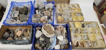 V Collection of geological mineral stones and rocks, including two partially filled geospecimen