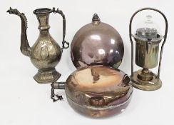Mixed lot of metalware including brass candlesticks, copper kettle, copper coaching horn, two copper