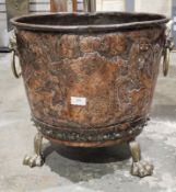 Late 18th / early 19th-century copper log basket with embossed armorial to the front, brass lion
