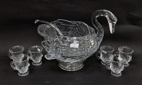 Contemporary press-moulded glass swan punch bowl, stand, ladle and twelve swan-moulded footed