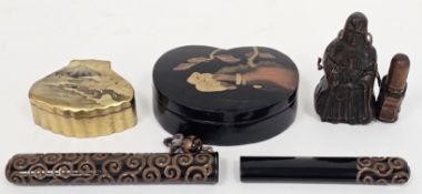 Two Japanese lacquer boxes, Meiji period, the first gilt, fan-shaped, decorated with highland