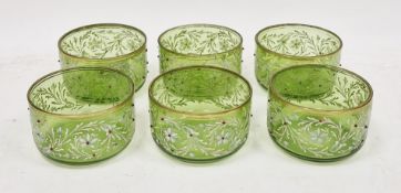 Set of six Bohemian enamelled and green-tinted finger bowls, late 19th century, each enamelled