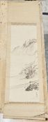 20th century Chinese hanging silk scroll painting, ink and watercolour, depicting flowering prunus