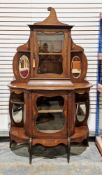 Late Victorian mahogany marquetry inlaid side cabinet with gilt metal mounts, the two glazed door