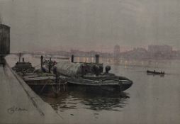After Cecil Charles Windsor Aldin RBA (British, 1870-1935) Chromolithograph Two barges moored on the