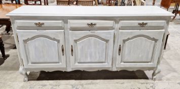 Large French painted sideboard, the exterior with a speckled blue finish and the interior with a