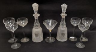 Pair of late 19th century diamond cut and engraved decanters and stoppers, each with honeycomb