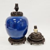 Chinese powder-blue ground oviform vase converted to a table lamp, probably Kangxi, with pierced