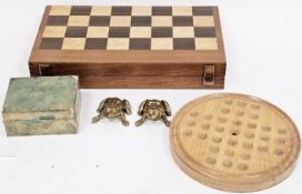 Jaques of London wooden solitaire board, 23cm diameter together with a quantity of clear and other