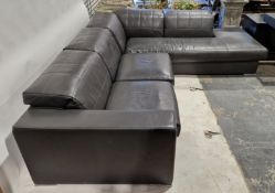 Contemporary Italian style black stitched leather sectional corner sofa, on flat square chromed