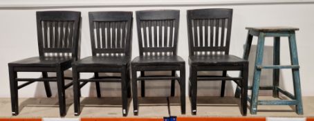 Wooden blue distressed painted square stool, 73cm high x 40cm wide, together with set of four