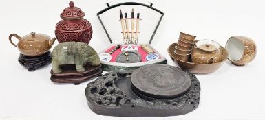 Contemporary Chinese boxed calligraphy set with brushes, seal boxes, soapstone seal and other items,